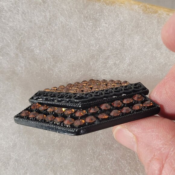 Vintage Black Metallic Brown Rhinestones Geometric Art Deco Classic Brooch - Picture 2 of 5